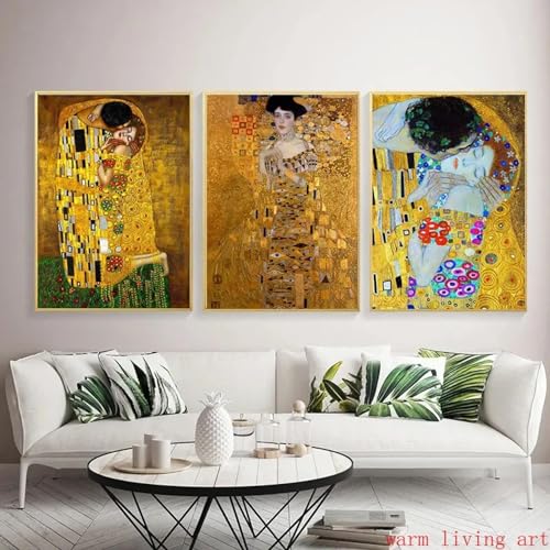 HOLEILUCK Gustav Klimt Classic Collection „The KissFreya's Tears“-Gemäldedruck, 3-teiliges Wandkunstbild für Wohnzimmerdekoration, 80 x 125 cm/31 x 49 Zoll x 3 Stück, ungerahmt von HOLEILUCK