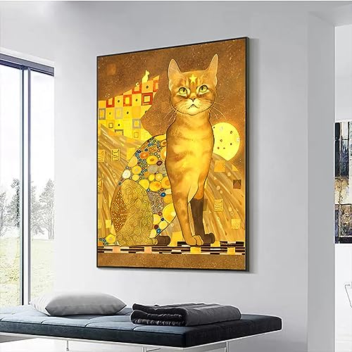 HOLEILUCK Katze Gustav Klimt – schwarz gerahmter Druck auf Leinwand, Gemälde im Retro-Stil, gelbes Tier, Wandkunst, Bild für Wohnzimmer, Heimdekoration, 50 x 70 cm/20 x 28 Zoll, mit schwarzem Rahmen von HOLEILUCK