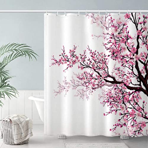 HOLEILUCK Kirschblüten-Duschvorhang, 175 x 195 cm/69 x 77 Zoll (B x L), Badezimmer-Set, Sakura-Pflaumenblüte, Badewannendekoration, wasserdichter Stoff, maschinenwaschbar von HOLEILUCK