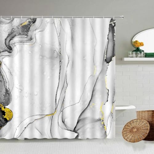 HOLEILUCK Marmor-gestreifter Duschvorhang, Weiß, Grau, Gold, Schwarz, einfaches Badezimmerzubehör, dekorativer wasserdichter Bildschirm mit Haken, 3D-Duschvorhang, 80 x 220 cm/B x L von HOLEILUCK