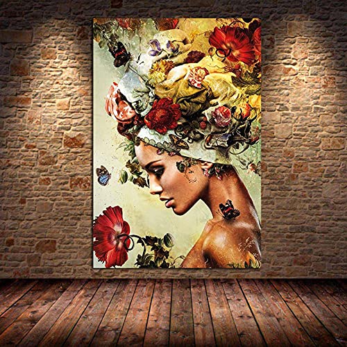 HOLEILUCK Moderne abstrakte Blume Schmetterling Frau Leinwand Gemälde Drucke Cuadros Wandkunst gerahmt für Wohnzimmer Wohnkultur 75x90cm/30x35in mit Rahmen von HOLEILUCK