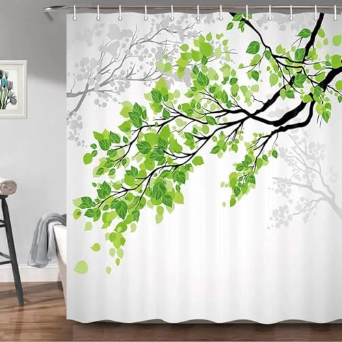 HOLEILUCK Natur-Duschvorhänge, grünes und weißes Blatt auf AST, Bedruckt, Badevorhang aus Polyestergewebe für Badezimmer mit Haken, B x L: 210 x 175 cm von HOLEILUCK