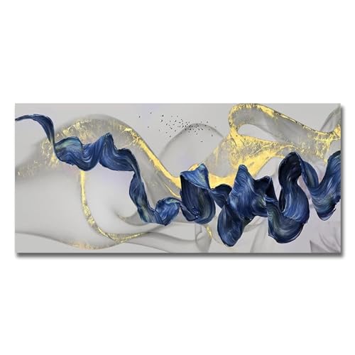 HOLEILUCK Nordic Golden Luxus-Leinwandgemälde, blaues Band, abstrakt, übergroße Drucke, Wandkunst, Bilder für Wohnzimmer-Dekoration, 95 x 193 cm/37 x 76 Zoll, Ohne Rahmen von HOLEILUCK