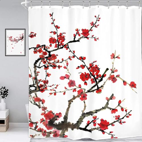HOLEILUCK Pflanzen-Blumen-Duschvorhang, rote Pflaumenblüte, Aquarell, moderner weißer Badezimmer-Dekor-Duschvorhang mit Haken, 3D-Duschvorhang, 185 x 220 cm/B x L HOLEILUCK Pflanzen-Blumen-Duschvorhang, rote Pflaumenblüte, Aquarell, moderner weißer Badezimmer-Dekor-Duschvorhang mit Haken, 3D-Duschvorhang, 185 x 220 cm/B x L von HOLEILUCK