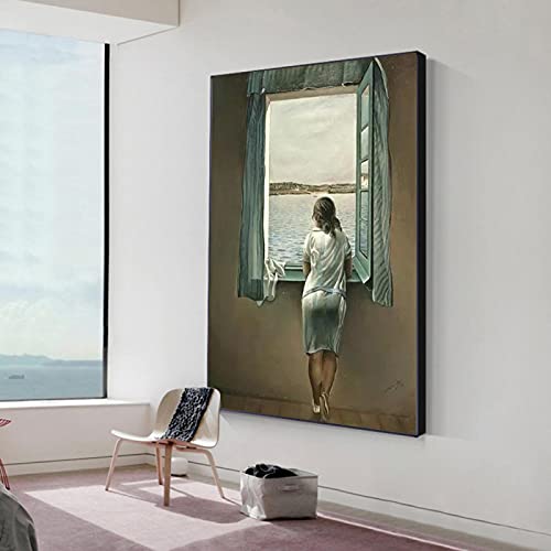 HOLEILUCK Salvador Dali Frau am Fenster, fertig zum Aufhängen, Drucke, schwarz gerahmte Wandkunstbilder für Wohnzimmerdekoration, 70 x 115 cm/28 x 45 Zoll mit schwarzem Rahmen von HOLEILUCK