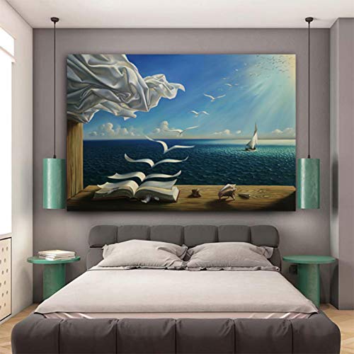 HOLEILUCK Salvador Dali Landschaft Leinwand Gemälde Poster und Drucke Wellen Buch Segelboot Wandkunst Bild für Wohnzimmer Wohnkultur 30 x 40 cm (12 x 16 Zoll) Mit Rahmen von HOLEILUCK