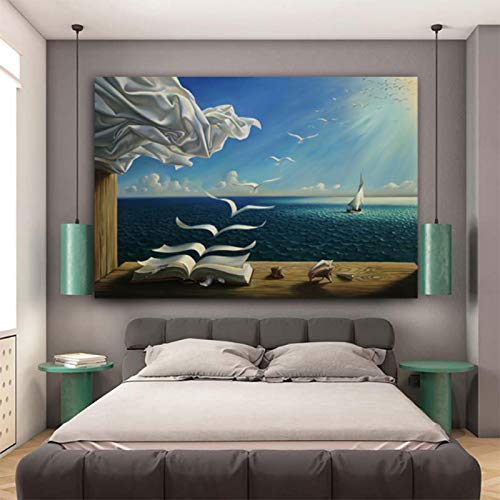 HOLEILUCK Salvador Dali Landschaft Leinwand Gemälde Poster und Drucke Wellen Buch Segelboot Wandkunst Bild für Wohnzimmer Wohnkultur 50 x 70 cm (20 x 28 Zoll) Mit Rahmen von HOLEILUCK