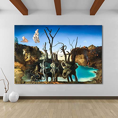 HOLEILUCK Salvador Dali Schwäne, die Elefanten reflektieren, Leinwandgemälde, abstrakte Poster und Drucke, Wandkunst, Bild, Wohnzimmerdekoration, 90 x 120 cm/35 x 47 Zoll, mit Rahmen von HOLEILUCK