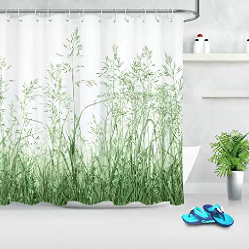 HOLEILUCK Spring Green Plant Duschvorhang-Set 95 x 210 cm/37 x 83 Zoll (B x L) Gras Bambusblätter Tropisches Blatt Badvorhänge Stoffdruck Badezimmerdekoration von HOLEILUCK