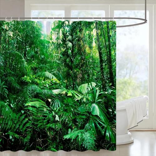 HOLEILUCK Tropischer Wald-Duschvorhang, grüne Pflanzen, Naturlandschaft, Vorhang, Polyester-Stoff, Badezimmer-Dekoration mit Haken, 70 x 203 cm/B x L von HOLEILUCK