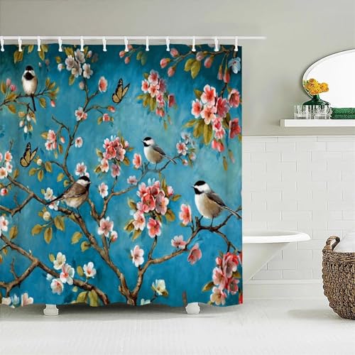 HOLEILUCK Vogel-Duschvorhang, Farbverlauf-Duschvorhänge für Badezimmer, Landschaft, Pflanzen, grün, wasserdichter Stoff, Polyester, Baddekoration, 3D-Duschvorhang, 130 x 200 cm/B x L von HOLEILUCK