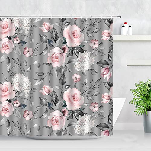 HOLEILUCK Wasserdichter Duschvorhang mit Blumenmuster, rosa Blumen, Pflanze, Grauer Hintergrund, bedruckter Stoff, Badezimmer-Trennwand, Badvorhang, 140 x 180 cm von HOLEILUCK