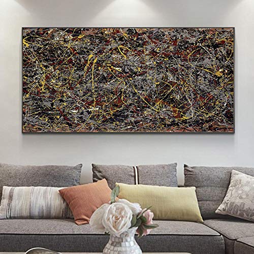 Jackson Pollock Berühmte abstrakte gerahmte Kunst Gemälde Herbst Leinwand Gemälde übergroße Drucke Bilder für Raumdekoration 90 x 180 cm (35,43 x 70,87 Zoll) mit Rahmen von HOLEILUCK