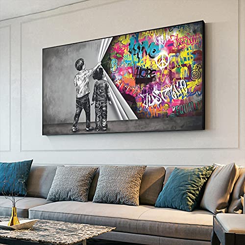 Kinder enthüllen Vorhang Leinwand Gemälde Graffiti Kunst Straße übergroße Wand Kunstdrucke Bild Wohnzimmer Wohnkultur 29,53 x 70,87 Zoll (75 x 180 cm) mit Rahmen von HOLEILUCK
