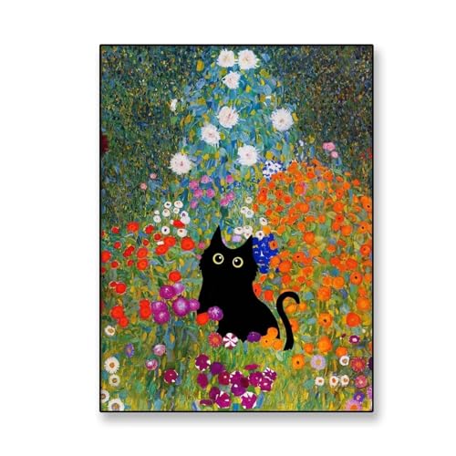 Klassisches Poster, Gustav Klimt, Gartenkatze, Druck, Blumen, schwarze Katze, Kunstgemälde, Blumenmuster, lustige Katzenbilder, Schlafzimmerdekoration, 50 x 75 cm/20 x 30 Zoll, mit schwarzem Rahmen von HOLEILUCK