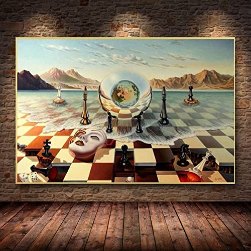 Kunstdruck auf Leinwand, Motiv Salvador Dali Surrealismus, Schach auf Meer, Malerei auf Wand, abstraktes seltsames Poster, fertig zum Aufhängen, 90 x 130 cm, mit Rahmen von HOLEILUCK
