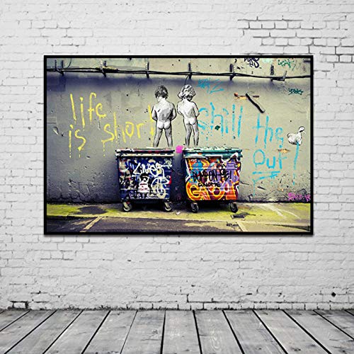 „Life Is Short Chill The Duck Out“ – Banksy Graffiti-Kunst, abstrakte Leinwandmalerei, schwarz gerahmte Bilder für Heimdekoration, 85 x 130 cm/33 x 51 Zoll mit schwarzem Rahmen von HOLEILUCK