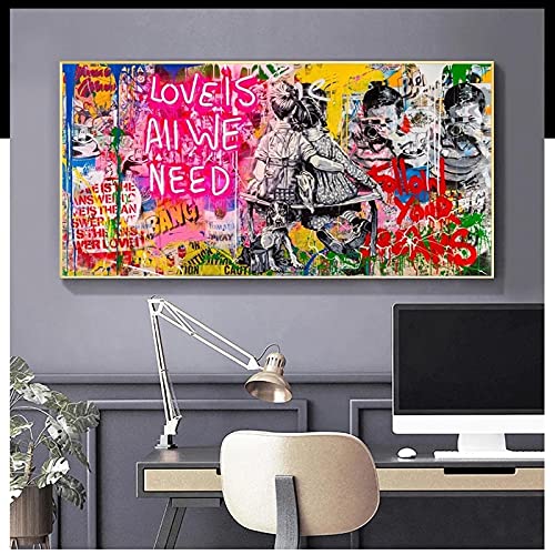 Love Is All We Need Banksy Graffiti Art Bild Leinwand Gemälde Poster und Drucke Wandkunst für Wohnzimmer Wohnkultur 65 x 110 cm (26 x 44 Zoll) Mit Rahmen von HOLEILUCK