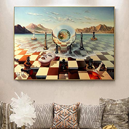 Salvador Dali Surrealismus Schach auf Meer Leinwand Gemälde Abstrakte Drucke Schwarz gerahmt Wandkunst Bilder Wohnzimmer Dekor 90x120cm/35x47in Schwarzer Rahmen von HOLEILUCK