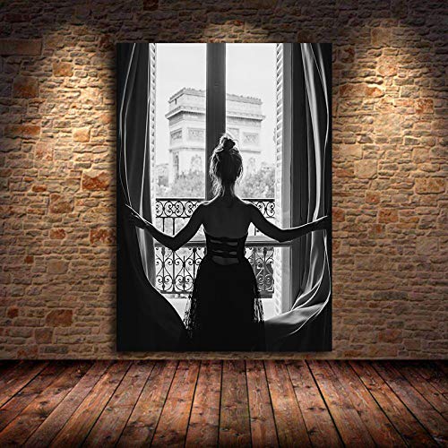 Schwarz-Weiß-Fenster Mädchen Nordic Leinwand Malerei Mode schöne Frau Poster gerahmt Wandkunst Bilder Wohnzimmer 60 x 85 cm (24 x 34 Zoll) Mit Rahmen von HOLEILUCK