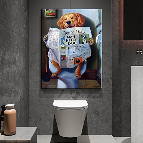 WC-Leinwand-Poster, Hund liest Zeitungsdruck, Gemälde, modernes Tier, Wandkunst, Bild für Badezimmer, Toilette, Dekoration, 40 x 55 cm (16 x 22 Zoll) mit Rahmen von HOLEILUCK