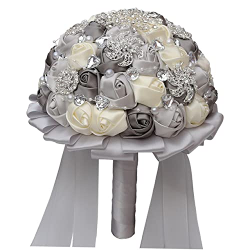 HOLIDYOYO Brautblumenstrauß Hochzeitsstrauß Silber Und Grau Lebensechter Künstlicher Blumenstrauß Für Die Hochzeit von HOLIDYOYO