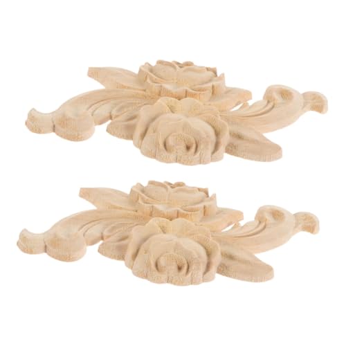 HOLIDYOYO 2 Stück Blumenmuster Applikationen Unlackierte Holzornamente für Möbel Schrank Wanddeko Dekorative Rosenschnitzerei von HOLIDYOYO