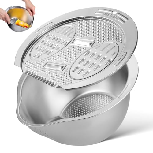 HOLIDYOYO Holidyoyo Reiswascher SiebschüSsel Edelstahlbecken Multifunktionale WaschschüSsel FüR Reis GemüSe Und Obst Rutschfester Boden Faltbar Und Leicht Zu Reinigen, 27.3 X 25 X 13 Cm, Silber von HOLIDYOYO