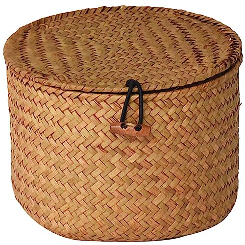 HOLIDYOYO Kleiner Weidenkorb Mit Deckel Runde Geflochtene Seegraskörbe Rattan-Aufbewahrungsbox Schreibtisch-Organizer Korbbehälter Für Kosmetik Brot Snacks Kommoden-Organizer von HOLIDYOYO