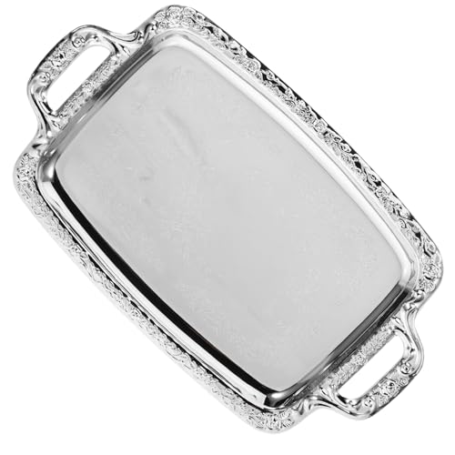 HOLIDYOYO Rechteckiges Tablett Aus Edelstahl Teegetränkeplatte Snacktablett Frühstücks-Servierplatte Mit Griff Für Dessert Obst Tee Silber von HOLIDYOYO