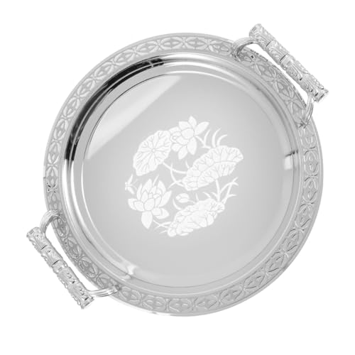 HOLIDYOYO Rundes Serviertablett mit Silbernem Blumenmuster Edelstahl Dekoratives Gastro tablett für Obst Snacks Kaffee und Tee Stilvolles Buffet Frühstückstablett von HOLIDYOYO