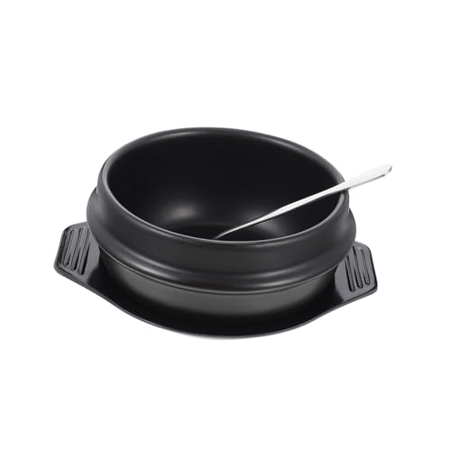 HOLIDYOYO Stein Keramiktopf mit Tablett und Löffel Hitzebeständiger Nahtloser Auflaufform für Schonendes Garen von Bibimbap Suppen und Reisgerichten Energiesparend und Pflegeleicht von HOLIDYOYO
