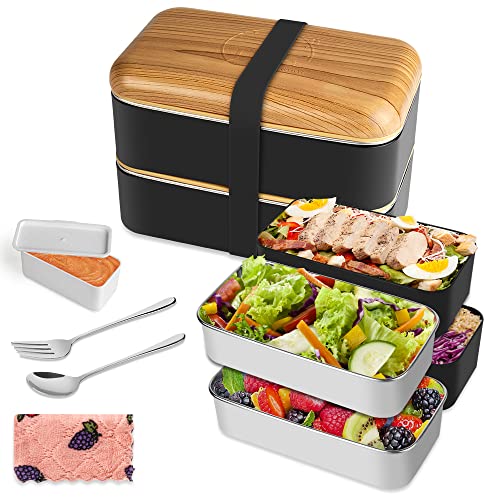 HOLIPOT Bento Box im japanischen Stil 2-stufige Lunchbox mit 2 Stück umweltfreundlichem PP-Behälter und Edelstahlbehälter, Brotdose mit Fächern für Kinder und Erwachsene, Snack-Verpackung von HOLIPOT