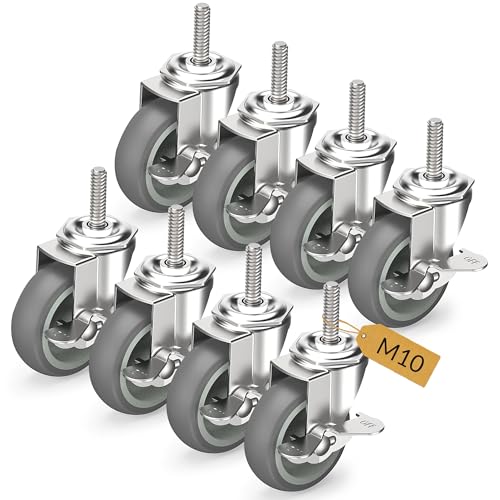 HOLKIE Lenkrollen 75mm (3 Zoll) mit Bremsen Möbelrollen Transportrollen, M10 x 1,5 x 30mm (Schaftdurchmesser 10mm, Schaftlänge 30mm) Schwerlastrollen Gummirollen 8er Set Rollen für Möbel Grau von HOLKIE