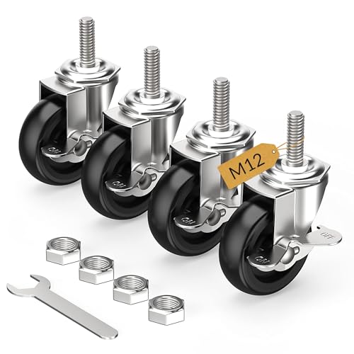 HOLKIE Lenkrollen 75mm (3 Zoll) mit Bremsen Möbelrollen Transportrollen, M12 x 1,75 x 30mm (Schaftdurchmesser 12mm, Schaftlänge 30mm) Schwerlastrollen Gummirollen 4er Set Rollen für Möbel Schwarz von HOLKIE