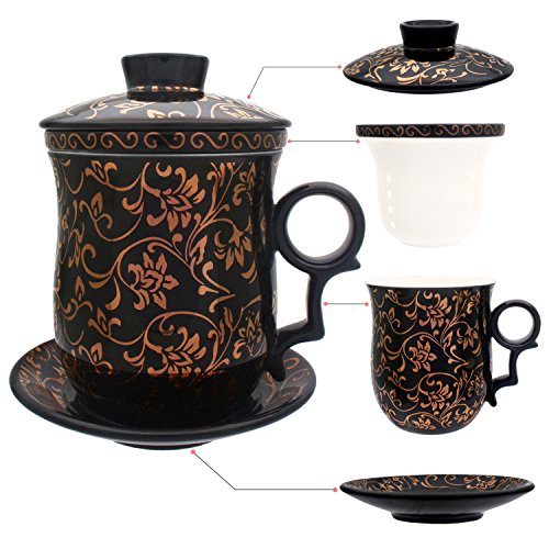 HOLLIHI Porzellan Teetasse mit Deckel und Untertasse-Ei Sets - Chinesischer Jingdezhen Keramik Kaffee Tasse Teetasse Loose Leaf Tea Brewing System für Home Office von HOLLIHI