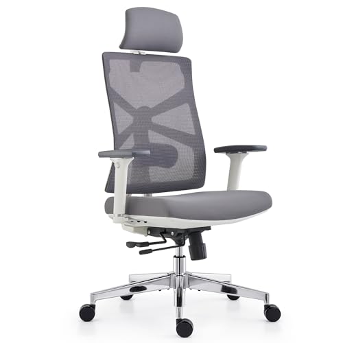 HOLLUDLE Ergonomischer Bürostuhl mit Adaptiver Rückenlehne, Schreibtischstuhl mit 4D Armlehnen, Verstellbarer Sitztiefe, Lendenwirbelstütze und 2D Kopfstütze, Atmungsaktiver Netz-Chefsessel, Weiß von HOLLUDLE