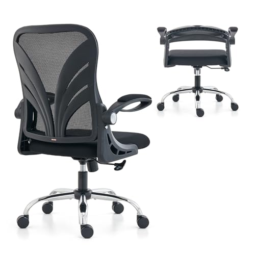 HOLLUDLE Ergonomischer Bürostuhl mit Klappbarer Rückenlehne, Schreibtischstuhl mit Erweitertem Sitz(52 cm), Hochklappbaren Armlehnen und Mesh Lendenwirbelstütze Drehstuhl Computerstuhl, Schwarz von HOLLUDLE