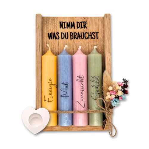 HolmCraft - Nimm dir was du brauchst | Kerzenset mit Kerzenständer | Handgefertigt | Perfekte Geschenkidee zum - Geburtstag, für Frauen, Freundin & Schwester | Wunscherfüller (gelb, blau, rosa, grün) von HOLM CRAFT