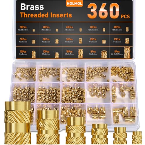 Gewindeeinsatz 360 Stück Set, HOLMOL Messing Einschmelzgewinde M2 M2.5 M3 M4 M5 M6 für Kunststoff, Gerändelt Einpressmuttern für 3D Druck Zubehör und DIY Projekte, Gewindeeinsätze mit Box von HOLMOL