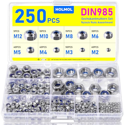 250 Stück Sechskantmutter, HOLMOL DIN 985 Selbstsichernde Muttern Edelstahl mit Box, Sicherungsmuttern für Schrauben, Selbstsichernde Muttern Set, A2 V2A Edelstahlmutter mit Metrischem Regelgewinde von HOLMOL