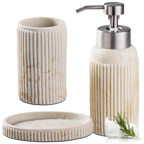 Badezimmer-Zubehör-Set mit Travertin-Texturen, für Arbeitsplatte, Zahnbürstenhalter, schäumender Seifenspender, Seifenschale, modernes Badezimmer-Dekor-Zubehör-Set aus Kunstharz, für Badezimmer-Zubehör-Set mit Travertin-Texturen, für Arbeitsplatte, Zahnbürstenhalter, schäumender Seifenspender, Seifenschale, modernes Badezimmer-Dekor-Zubehör-Set aus Kunstharz, für von HOLOLA
