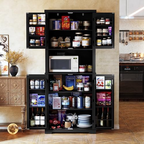 HOLTICO Küchenschrank mit Arbeitsplatte, Hochschrank Küchenbuffet Buffetschrank, Esszimmerschrank, Speisekammer mit Türen und Regalen für Esszimmer, Wohnzimmer, Waschküche,Schwarz von HOLTICO