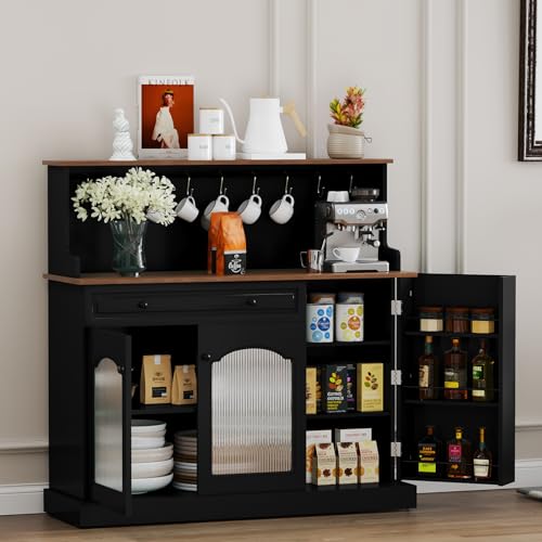 HOLTICO Küchenschrank mit Arbeitsplatte, Küchenbuffet Buffetschrank Schwarz, Weinschrank mit Schublade und Oberer Ablage, Kommoden & Sideboards für Wohnzimmer, Esszimmer von HOLTICO