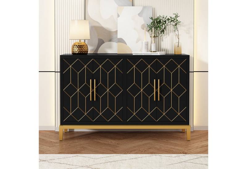 HOLTICO Sideboard Küchenschrank Badezimmerschrank Aufbewahrungsschrank mit 4 Türen, Wohnzimmerschrank mit verstellbarem Regal, goldene Linien und Beine von HOLTICO