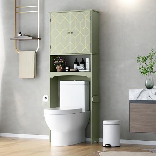 HOLTICO Toilettenregal Waschmaschinenschrank Über-Toiletten-Aufbewahrungsschrank mit Goldverzierung, Badezimmerorganizer über Toilette mit verstellbaren Regalen und Toilettenpapierhalter(Grün) von HOLTICO
