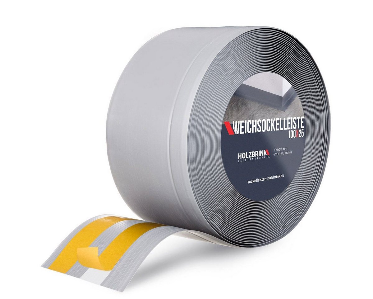 HOLZBRINK Sockelleiste PVC Weichsockelleiste selbstklebend 100x25mm Grau, L: 500 cm, 5m Rolle, Knickleiste Abschlussleiste von HOLZBRINK