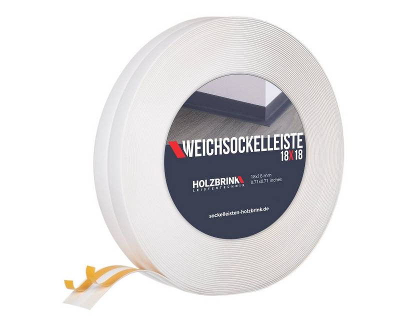 HOLZBRINK Sockelleiste PVC Weichsockelleiste selbstklebend 18x18mm Weiß, 5m Rolle, Küchenabschlussleiste Arbeitsplatte, Fensterleiste, Fensterabdichtung von HOLZBRINK