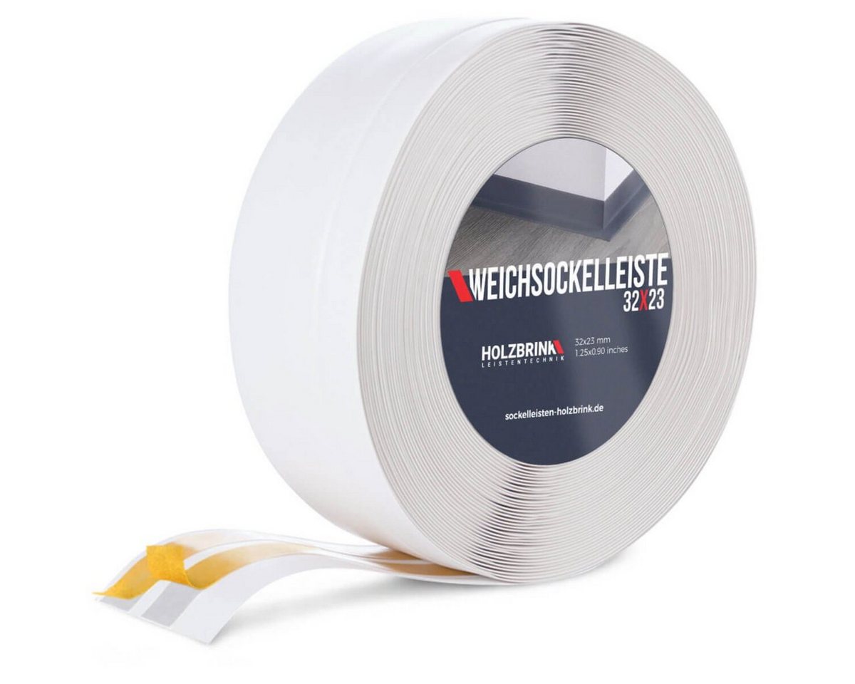 HOLZBRINK Sockelleiste PVC Weichsockelleiste selbstklebend 32x23mm Weiß, L: 500 cm, 5m Rolle, Knickleiste Abschlussleiste von HOLZBRINK
