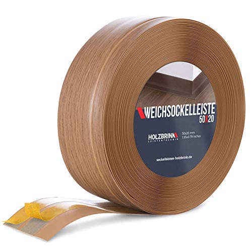 HOLZBRINK Weichsockelleiste selbstklebend PVC 50x20mm, 10 m | Winkelleiste für Küchenarbeitsplatte, Bodenbelag | Eckleiste selbstklebend | Farbe: Eiche Hell von HOLZBRINK